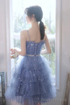 Spaghetti Strap Tulle Short Prom Dress, Cute Blue Homecoming Prom Dresses