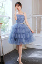 Spaghetti Strap Tulle Short Prom Dress, Cute Blue Homecoming Prom Dresses