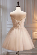 Spaghetti Strap V Neck Tulle Short Prom Dress, Cute Champagne Homecoming Dresses