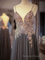 Gray Spaghetti Straps A Line Beaded Long Prom Dresses