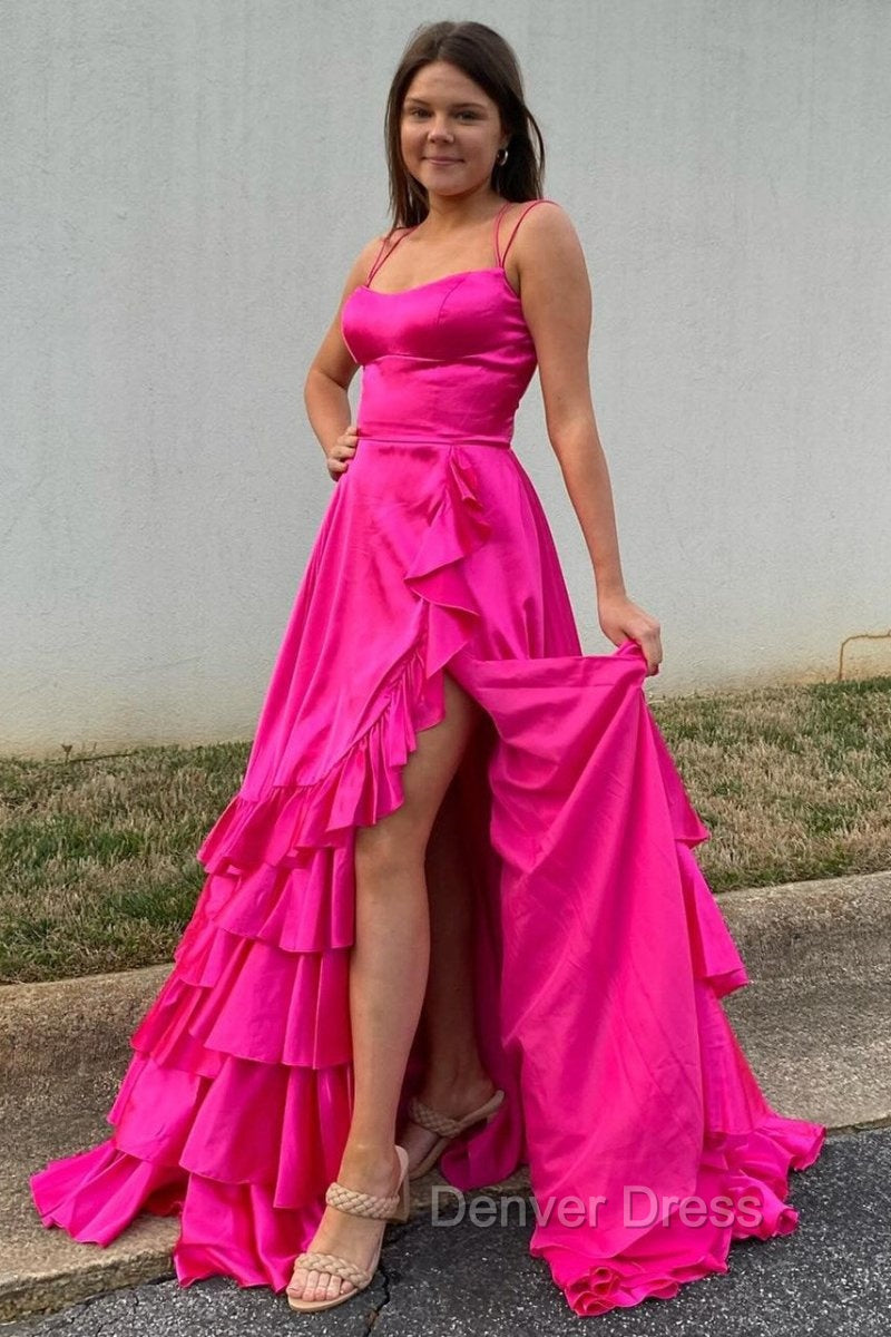 Spaghetti Straps A Line Lace-Up Ruffle Tiered Red Prom Dress with Slit