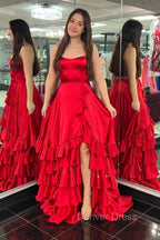 Spaghetti Straps A Line Lace-Up Ruffle Tiered Red Prom Dress with Slit