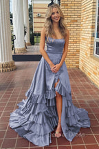 Spaghetti Straps A Line Lace-Up Ruffle Tiered Red Prom Dress with Slit