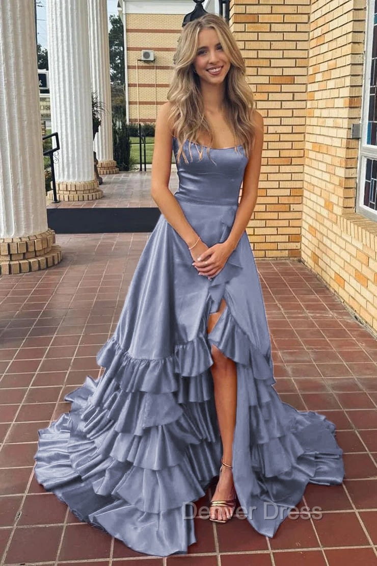 Spaghetti Straps A Line Lace-Up Ruffle Tiered Red Prom Dress with Slit