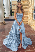 Spaghetti Straps A Line Lace-Up Ruffle Tiered Red Prom Dress with Slit