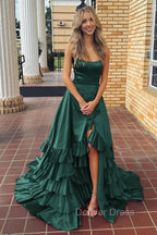 Spaghetti Straps A Line Lace-Up Ruffle Tiered Red Prom Dress with Slit