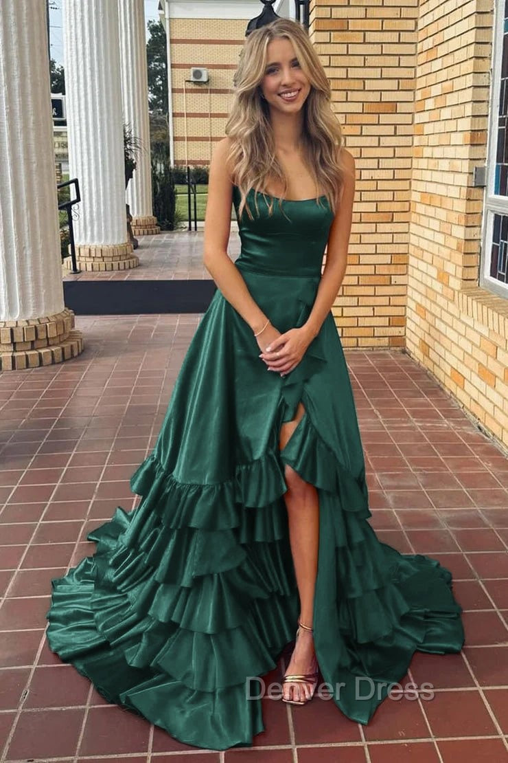 Spaghetti Straps A Line Lace-Up Ruffle Tiered Red Prom Dress with Slit