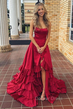 Spaghetti Straps A Line Lace-Up Ruffle Tiered Red Prom Dress with Slit