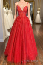 Spaghetti Straps A-line Red Shiny Prom Gown,Long Prom Dresses