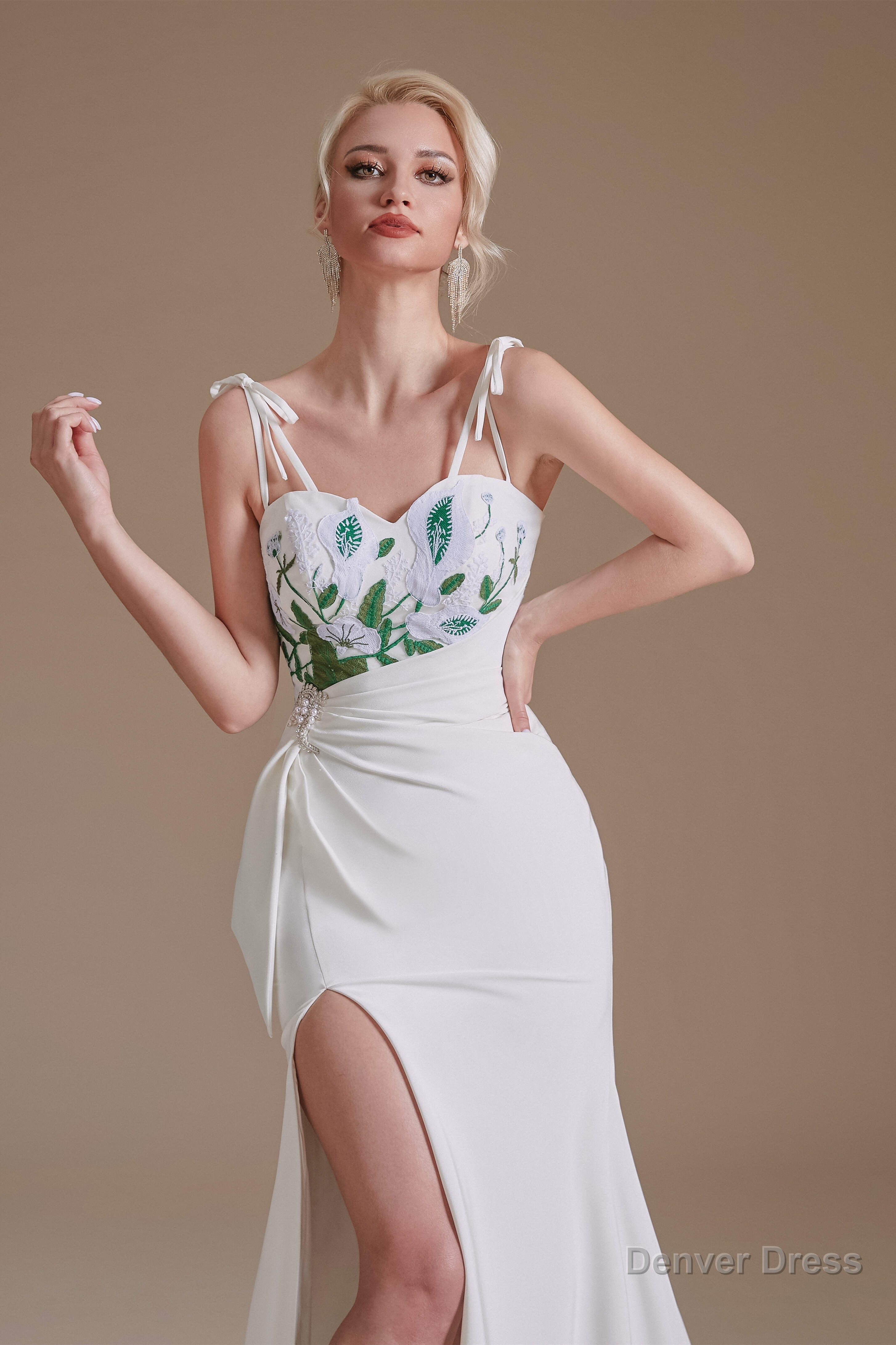 Spaghetti Straps Appliques Sweep Train High Split Prom Dresses Main image