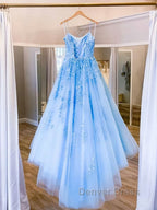 Spaghetti Straps Backless Blue Lace Prom Dress, Open Back Blue Lace Prom Dresses