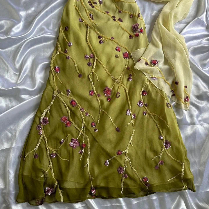 Yellow Green Gorgeous Exquisite Vintage Embroidered Spaghetti Strap Long Ball Gowns Prom Dresses Prom Gowns