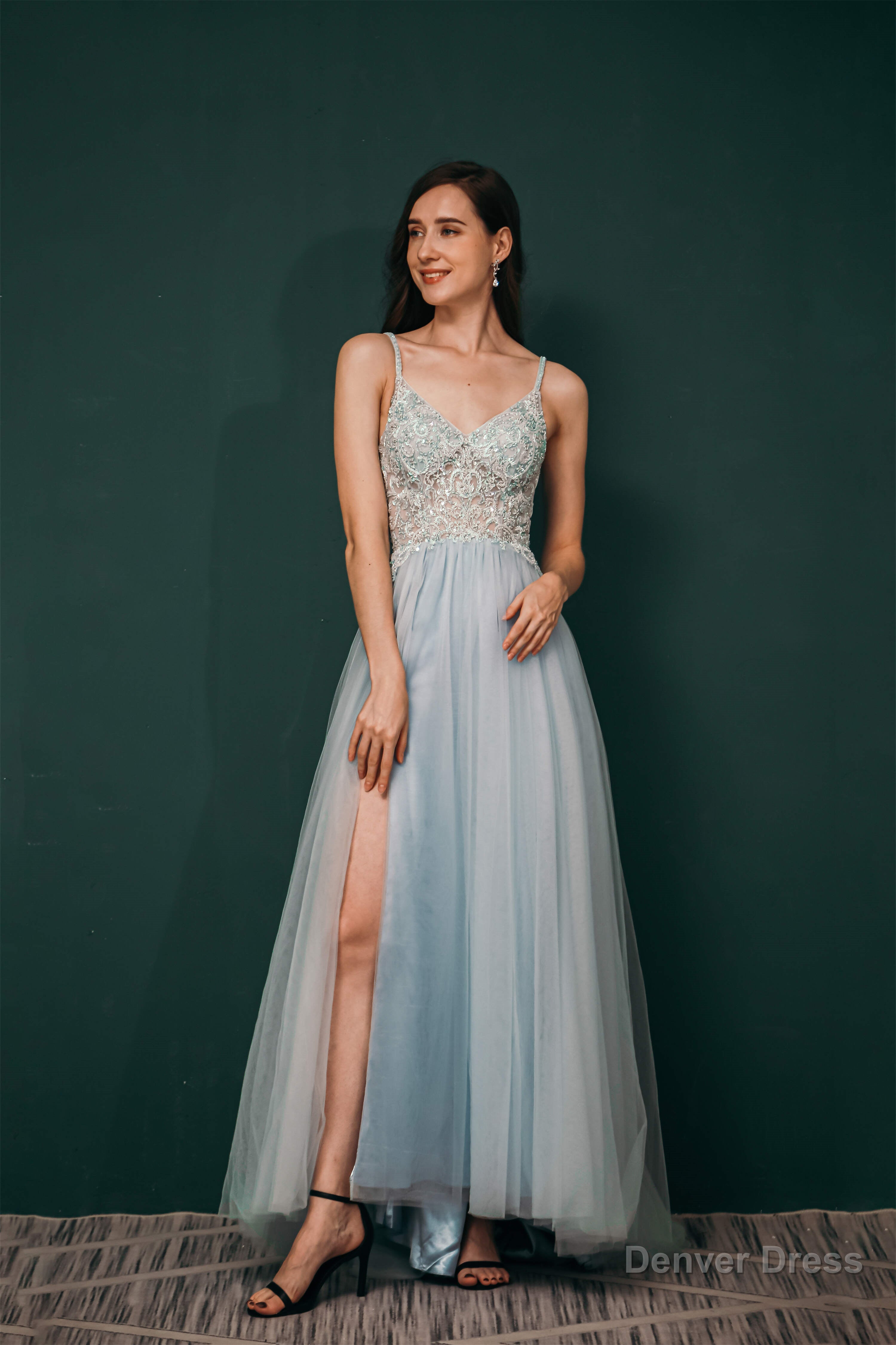 Spaghetti Straps Beading Front Split Long Sky Blue Prom Dresses Secondary image