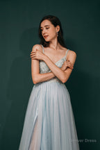 Spaghetti Straps Beading Front Split Long Sky Blue Prom Dresses