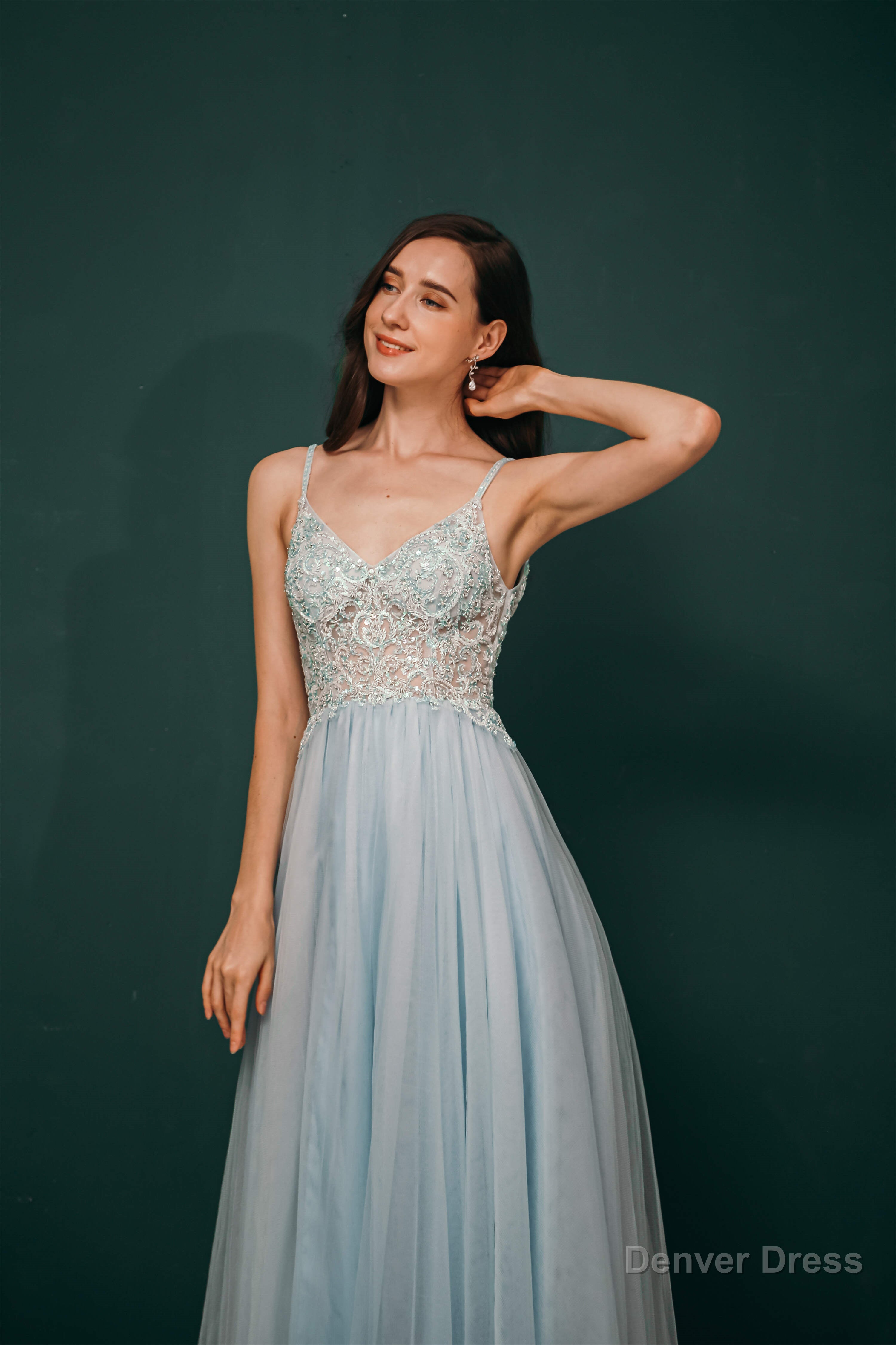 Spaghetti Straps Beading Front Split Long Sky Blue Prom Dresses