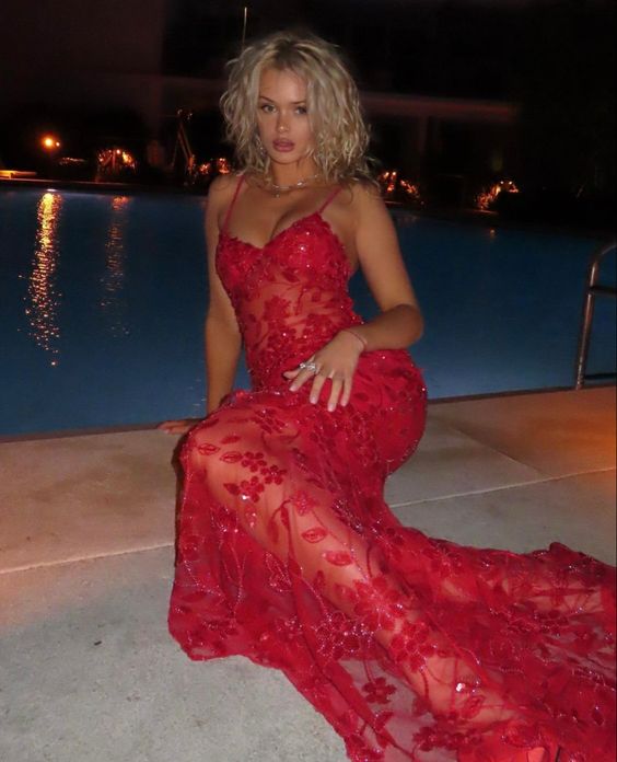 Spaghetti Straps Birthday Prom Dress Red Lace Prom Dresses Main image