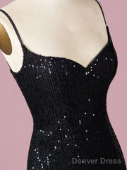 Spaghetti Straps Black Sequin Prom Dress Mermaid Skirt