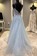 Spaghetti Straps Blue Lace Prom Dresses, Blue Lace Long Formal Evening Dresses