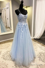 Spaghetti Straps Blue Lace Prom Dresses, Blue Lace Long Formal Evening Dresses
