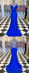 Spaghetti Straps Blue Satin Mermaid Prom Dress