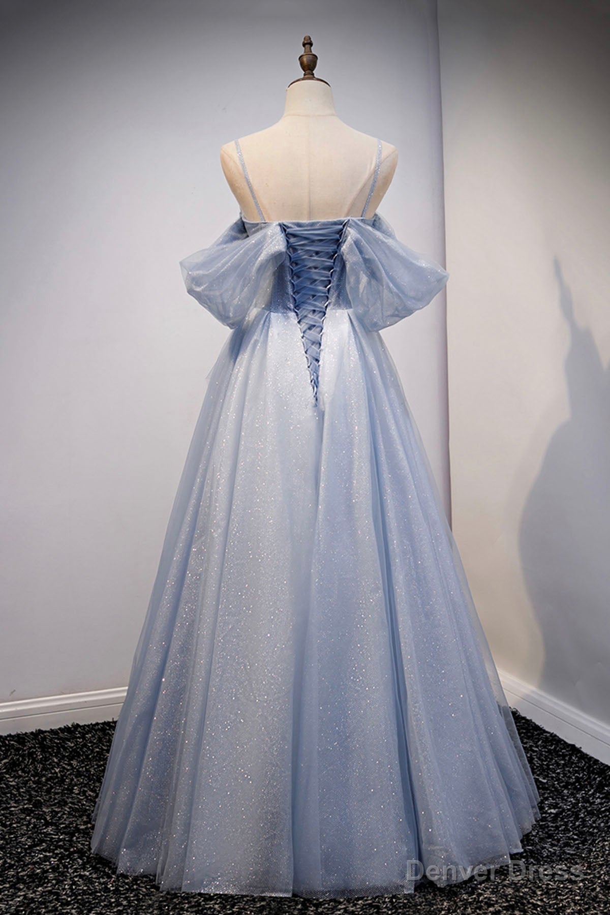 Spaghetti Straps Blue Tulle Long Prom Dress, Off the Shoulder Evening Dress Secondary image