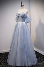 Spaghetti Straps Blue Tulle Long Prom Dress, Off the Shoulder Prom Dresses