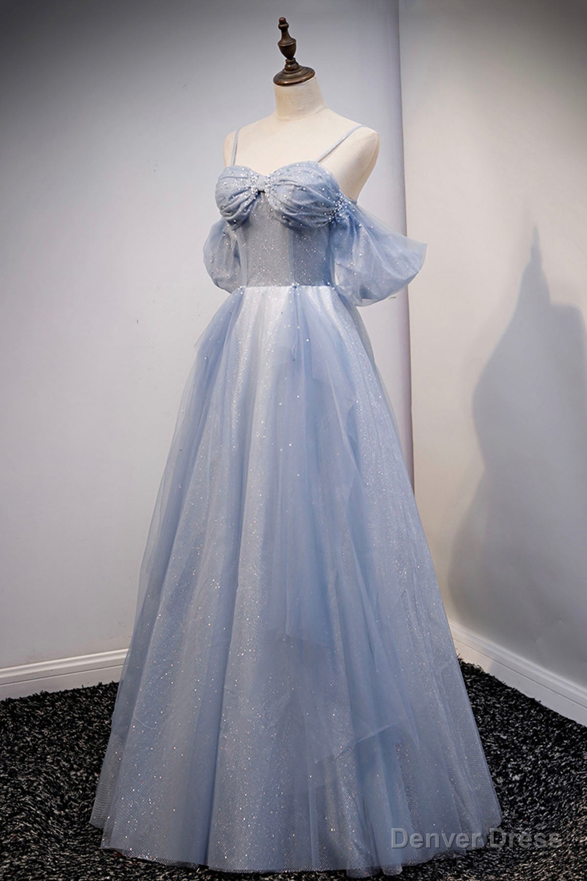 Spaghetti Straps Blue Tulle Long Prom Dress, Off the Shoulder Prom Dresses