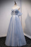 Spaghetti Straps Blue Tulle Long Prom Dress, Off the Shoulder Prom Dresses