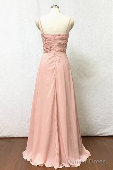 Spaghetti Straps Blush Pink Pleate Chiffon Long Bridesmaid Dresses
