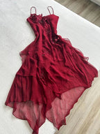 Burgundy Red Applique Spaghetti Straps Elegant And Charming A-Line Long Ruffled Chiffon Ball Gowns Prom Dress