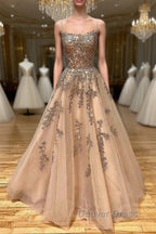 Spaghetti Straps Champagne Lace Tulle Long Prom Dress, Champagne Lace Prom Dresses, Champagne Ball Gowns