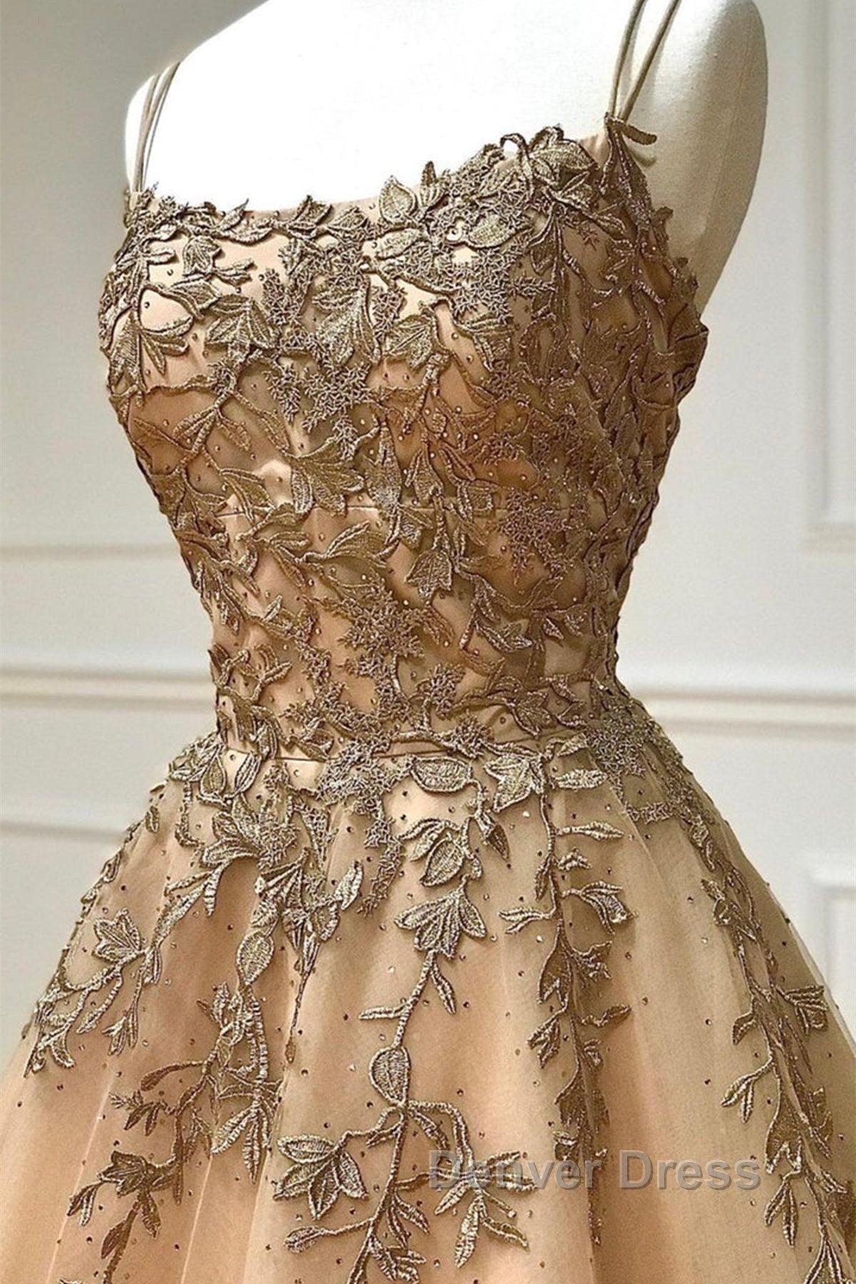 Spaghetti Straps Champagne Lace Tulle Long Prom Dress, Champagne Lace Prom Dresses, Champagne Ball Gowns Secondary image