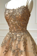 Spaghetti Straps Champagne Lace Tulle Long Prom Dress, Champagne Lace Prom Dresses, Champagne Ball Gowns