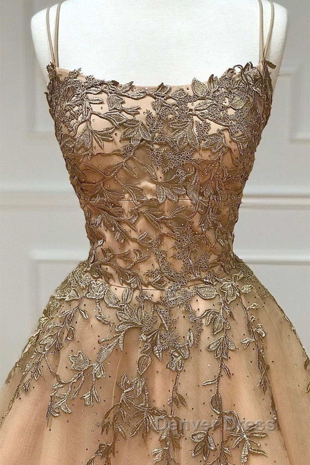 Spaghetti Straps Champagne Lace Tulle Long Prom Dress, Champagne Lace Prom Dresses, Champagne Ball Gowns