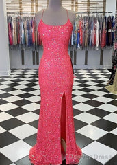 Spaghetti Straps Coral Pink Sequin Mermaid Prom Dress With Slit