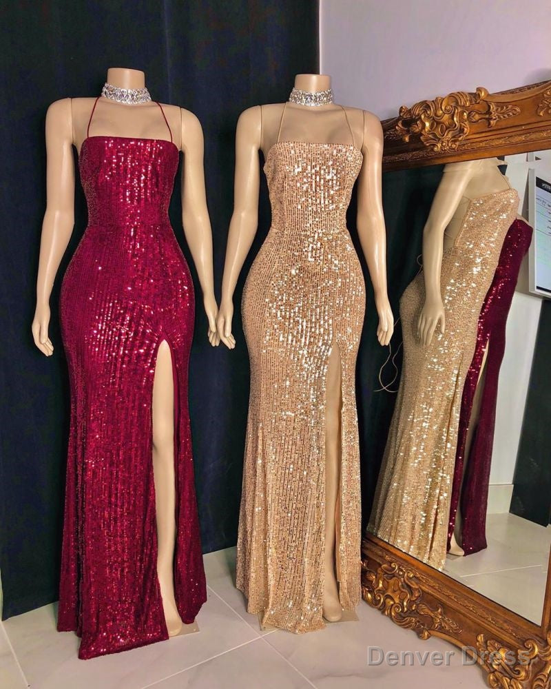 Spaghetti-straps Criss-cross Long Slit Sequins Mermaid Prom Dresses Secondary image