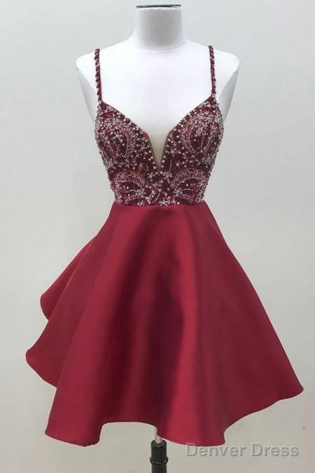 Spaghetti Straps Dark Red Short Prom Dress Homecoming Dresses