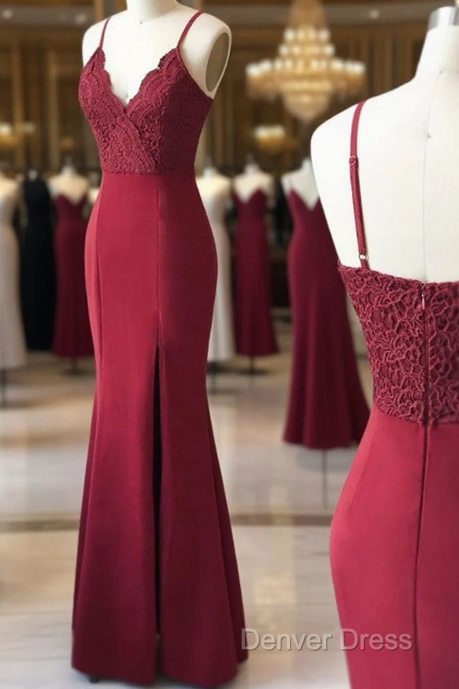 Spaghetti Straps Floor Length Burgundy Lace Prom Dress, Burgundy Lace Prom Bridesmaid Dresses Main image