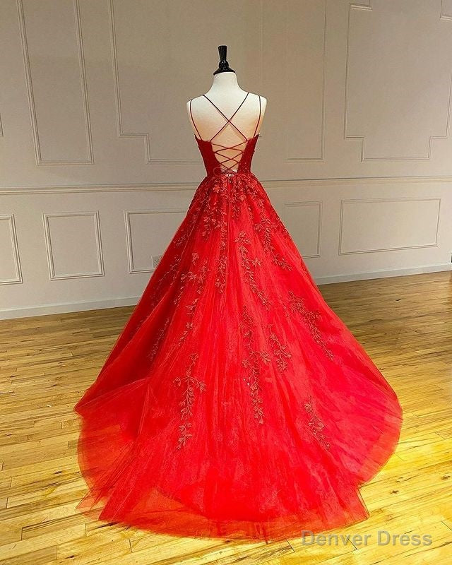 Spaghetti Straps Floral Lace Aline Prom Gowns Sleeveless Prom Gown