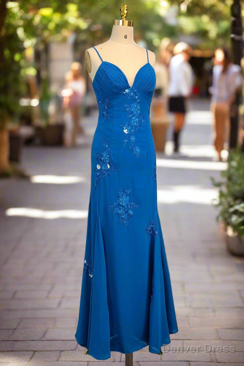 Spaghetti Straps Gorgeous A-line Blue Prom Dresses Long Evening Dresses 21th Birthday Outfits