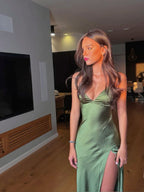 Spaghetti Straps Green Sexy Prom Dress Long Prom Dresses With Split
