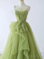 Spaghetti Straps Green Tulle Long Prom Dress, Green Tulle Long Prom Dresses