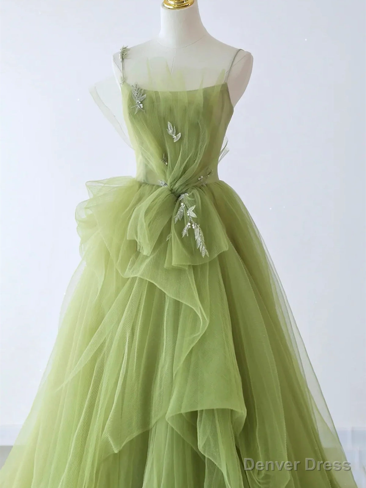 Spaghetti Straps Green Tulle Long Prom Dress, Green Tulle Long Prom Dresses