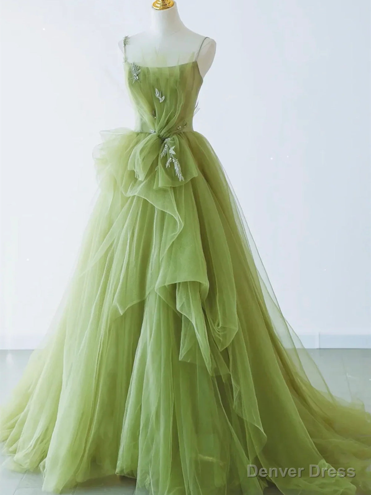 Spaghetti Straps Green Tulle Long Prom Dresses, Green Tulle Long Formal Evening Dresses Main image