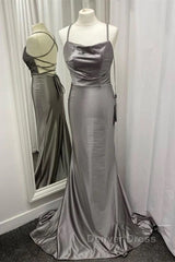 Spaghetti Straps Grey Mermaid Satin Long Prom Dresses