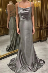 Spaghetti Straps Grey Mermaid Satin Long Prom Dresses
