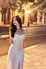 Spaghetti Straps Ivory Satin Mermaid Prom Dresses Side Slit Prom Dress