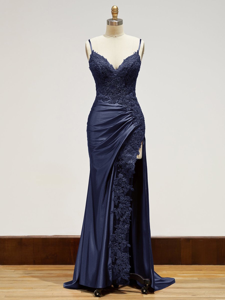 Spaghetti Straps Lace Bodice Long Prom Dress with Slit