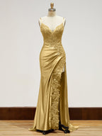 Spaghetti Straps Lace Bodice Long Prom Dress with Slit