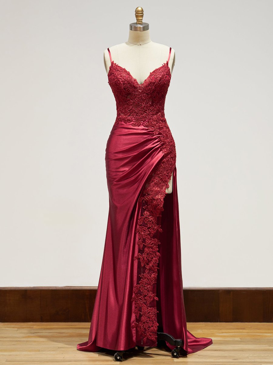 Spaghetti Straps Lace Bodice Long Prom Dress with Slit